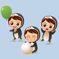 i bambini carini indossano il vettore dell'illustrazione del costume del pinguino