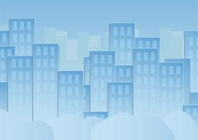 Cielo blu con nuvole e edifici urbani. Illustrazione vettoriale design in carta tagliata e piatta.