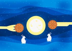 Mid Autumn Festival per i cinesi in design piatto. Illustrazione vettoriale su sfondo blu con Luna, coniglio, mooncakes.