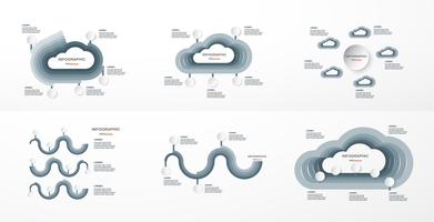 Insieme di elementi di infografica con nuvole di carta tagliate. Grafici per presentazione aziendale, modello, banner web e grafica animata con lo spazio della copia per testo su sfondo grigio. vettore