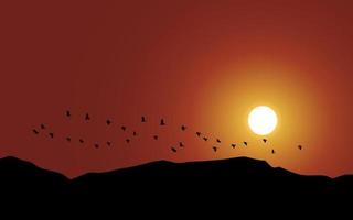 tramonto in collina con uccelli in volo in silhouette vettore