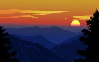 bellissimo tramonto drammatico in montagna con silhouette di abeti vettore