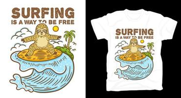 bradipo surf onda e illustrazione dell'isola con design t-shirt tipografia vettore