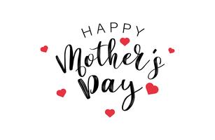 Happy Mothers Day testo di calligrafia con mini cuori rossi. Concetto di parola e citazioni di vacanza e decorazione. Illustrazione vettoriale