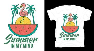 design t-shirt estiva fenicottero anguria e palme vettore