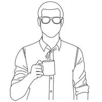 un bel giovane che tiene la tazza godendo l'aroma di una fresca tazza di caffè o tè. un uomo che sorseggia e beve il suo caffè mattutino. uomo felice che sorride con un delizioso caffè profumato durante la colazione vettore