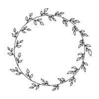cornice floreale di vettore nell'illustrazione nera di stile di lineart. bella decorazione rotonda con foglie per inviti, biglietti di auguri, matrimonio