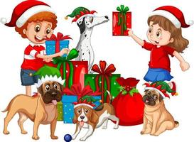 bambini e cani in tema natalizio vettore