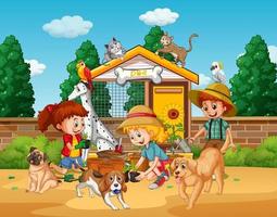 scena del parco con bambini che giocano con i loro animali domestici vettore