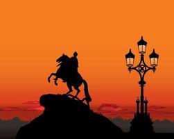 peter il grande monumento, punto di riferimento della città russa di san pietroburgo, russia. st. sfondo del paesaggio di tramonto di san pietroburgo. sfondo di viaggio. orizzonte turistico vettore