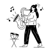 persona con sassofono, illustrazione disegnata a mano della riproduzione di musica vettore