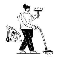 pulizia della casa con macchina sottovuoto, illustrazione disegnata a mano vettore