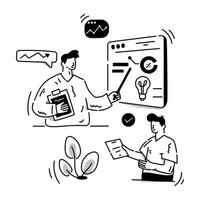 persona che monitora i dati online, illustrazione disegnata a mano di un ingegnere del software vettore