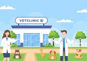 clinica veterinaria esame medico, vaccinazione e assistenza sanitaria per animali domestici come cani e gatti in cartone animato piatto illustrazione vettoriale per poster o banner