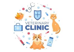 clinica veterinaria esame medico, vaccinazione e assistenza sanitaria per animali domestici come cani e gatti in cartone animato piatto illustrazione vettoriale per poster o banner