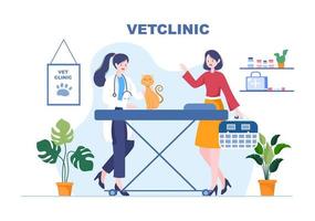 clinica veterinaria esame medico, vaccinazione e assistenza sanitaria per animali domestici come cani e gatti in cartone animato piatto illustrazione vettoriale per poster o banner