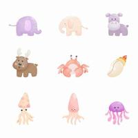 set di animali ad acquerello. elefante, ippopotamo, renna, granchio, crostacei, calamari, meduse. vernice digitale. illustrazione vettoriale. vettore