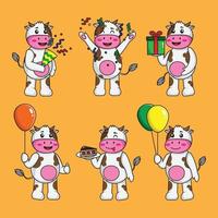 cartone animato carino mucca cartone animato che celebra il compleanno in diverse pose vettore