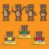 cartone animato set carino orsacchiotto in diverse pose da mangiare vettore