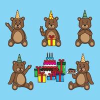 cartone animato posa carina di orsacchiotto e torta di compleanno vettore