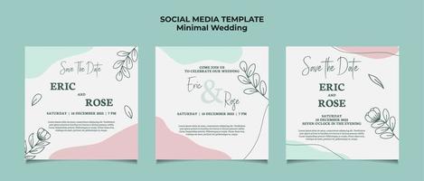 modello di post sui social media di invito a nozze minimo con foglia e fiore disegnati a mano con cornice floreale vettore