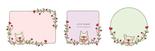 cornice con cane bulldog francese cartone animato che tiene in bocca un fiore di rosa rossa, adorabile cane innamorato il giorno di San Valentino dà cornice illustrazione regalo vettore