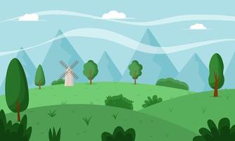 paesaggio primaverile con alberi, montagne, mulino a vento, campi. illustrazione vettoriale piatta