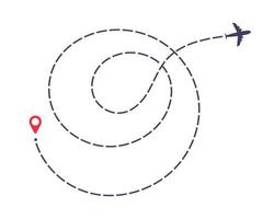 illustrazione vettoriale di disegno in stile piatto del percorso della linea tratteggiata dell'aeroplano isolata su sfondo bianco.