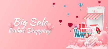 felice banner di vendita di san valentino o promozione su sfondo blu. negozio di shopping online con elementi mobili, carte di credito ed elementi del negozio. illustrazione vettoriale. vettore