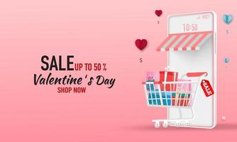 felice banner di vendita di san valentino o promozione su sfondo blu. negozio di shopping online con elementi mobili, carte di credito ed elementi del negozio. illustrazione vettoriale. vettore