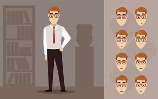 giovane uomo d'affari bello con gli occhiali rossi. illustrazione piatta con uomini in ufficio. set di emozioni del personaggio vettore