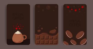 set di striscioni verticali con cioccolato e grande tazza di bevanda calda. design volantino di San Valentino. modello pubblicitario. pacchetto di design di storie. decorazioni a cuore vettore