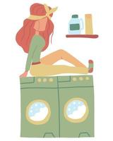 concetto di lavare i panni a casa. la ragazza è seduta sulla lavatrice. la donna si lava a casa. concetto di lavanderia. vettore