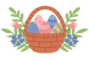 illustrazione di un cesto di uova di Pasqua. illustrazione vettoriale. illustrazione carina di un cesto con uova decorate. vettore