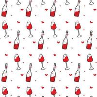 modello vettoriale con vino e bicchieri da vino. modello carino con una bottiglia e un bicchiere di vino per San Valentino. stile scarabocchio.