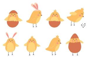 set vettoriale di polli carini. disegni per bambini di polli. pollo con orecchie di coniglio. pulcino di pasqua.