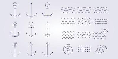 set e bundle icona nautica e marina simbolo logo illustrazione vettoriale design