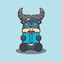 illustrazione del fumetto della mascotte del bufalo sveglio che legge un libro vettore