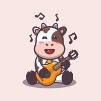illustrazione del fumetto della mascotte della mucca sveglia che suona la chitarra vettore