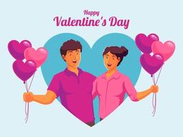 felice giorno di san valentino coppia innamorata insieme tenendo palloncini a forma di cuore vettore