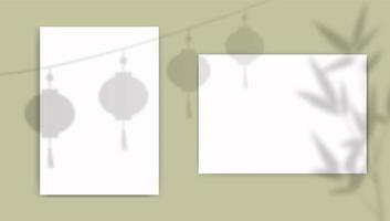 mockup di carta a4 con sovrapposizione lascia l'ombra dalla finestra. bambù e lanterne cinesi riflesso trasparente su sfondo verde. modello vettoriale realistico per poster, volantini e post