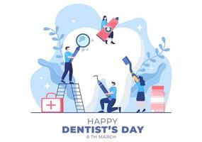 giornata mondiale del dentista con denti e odontoiatria per prevenire la carie e l'assistenza sanitaria in un'illustrazione di sfondo cartone animato piatta adatta per poster o banner vettore