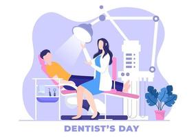 giornata mondiale del dentista con odontoiatria e paziente in poltrona in illustrazione di sfondo cartone animato piatto adatto per poster o banner vettore