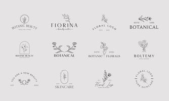 insieme del logo disegnato a mano dell'elemento floreale botanico con il fiore selvaggio e le foglie. logo per spa e salone di bellezza, boutique, negozio biologico, matrimonio, designer floreale, interni, fotografia, cosmetici. vettore