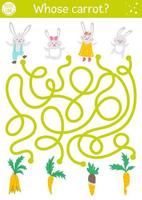 labirinto pasquale per bambini con famiglia di conigli e carote. attività educativa stampabile per le vacanze in età prescolare con conigli e verdure. divertente gioco di giardino primaverile o puzzle con simpatici animali. vettore
