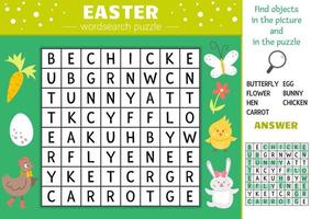 puzzle di ricerca di parole di Pasqua di vettore per i bambini. semplice cruciverba primaverile con simboli tradizionali delle vacanze per bambini. attività di parole chiave educative con simpatici personaggi e oggetti divertenti