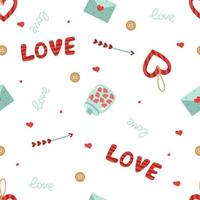 modello senza cuciture per San Valentino. l'iscrizione è amore, cuore, frecce, pulsanti, lettera. sfondo vettoriale per la progettazione della vacanza il 14 febbraio, stampa su carta, tessuto, scrapbooking.