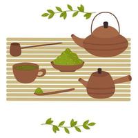 cerimonia del tè con verde polvere di matcha. una teiera, una tazza, un cucchiaio. illustrazione vettoriale isolata. per una cartolina, un design o un arredamento