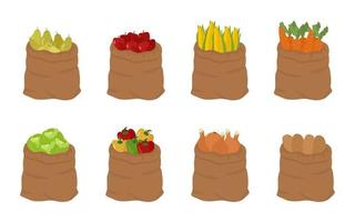 sacchetti di frutta e verdura. i sacchi di tela sono pieni. illustrazione vettoriale isolato su uno sfondo bianco.