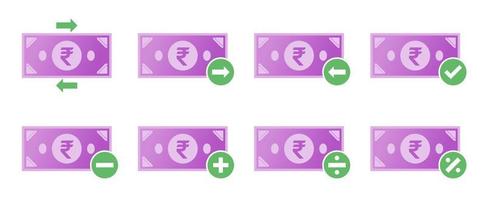 set di icone di transazione di denaro in rupia indiana vettore